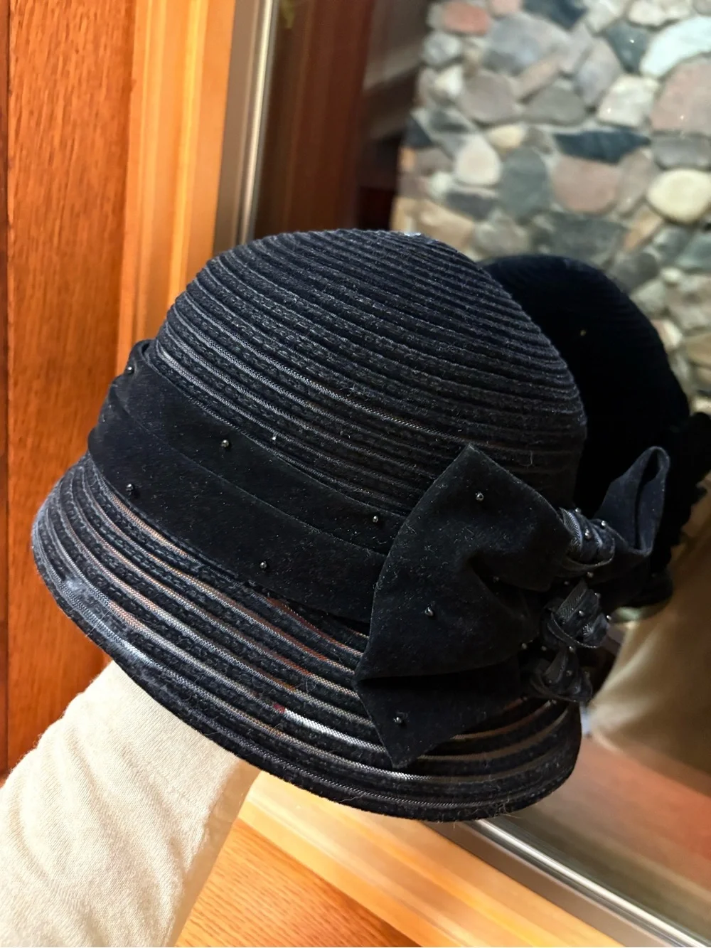 Vintage Swan Hat Black Cloche Mesh Velvet Bows Knots Black Beaded Adjustable